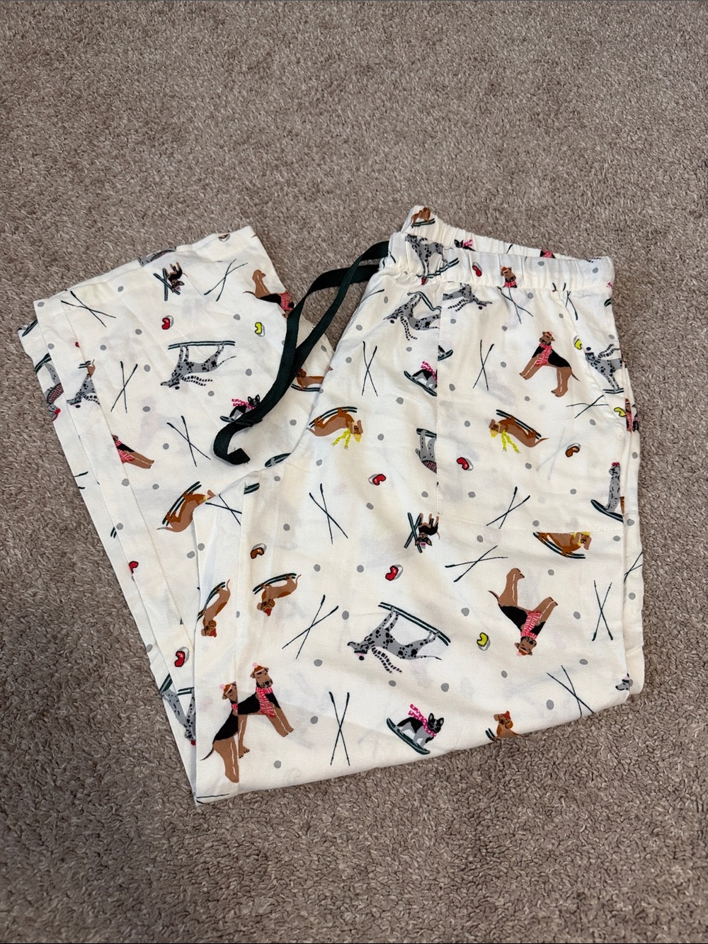 Cream Dog Print Pajama Pants with Black Drawstring